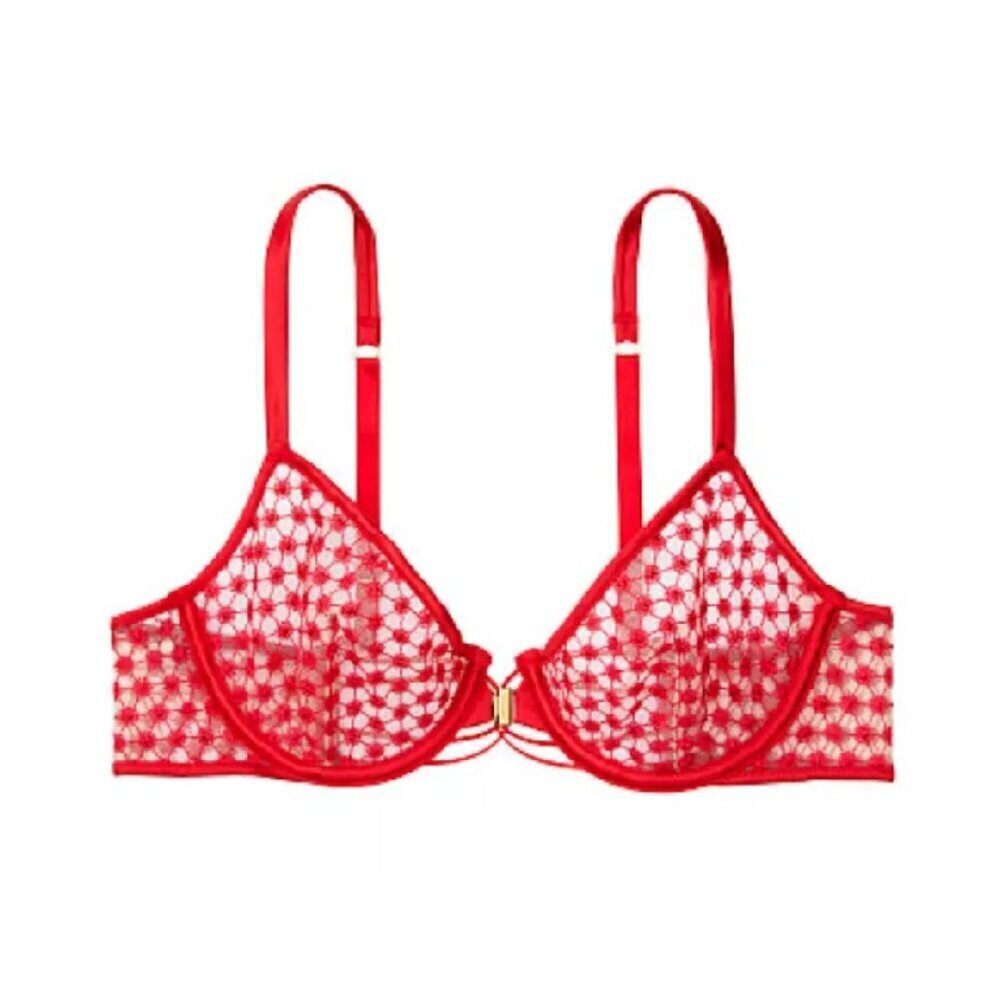 Victoria's Secret LUXE Starburst Unlined Demi Underwire Bra Red Embroidered 34DD